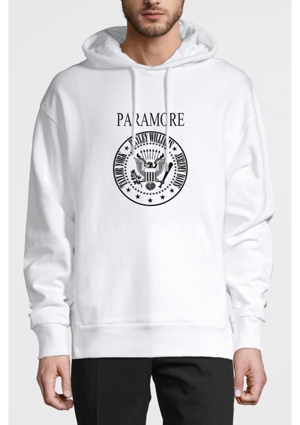 Paramore Baskılı Beyaz Erkek Örme Kapşonlu Sweatshirt Uzun Kol