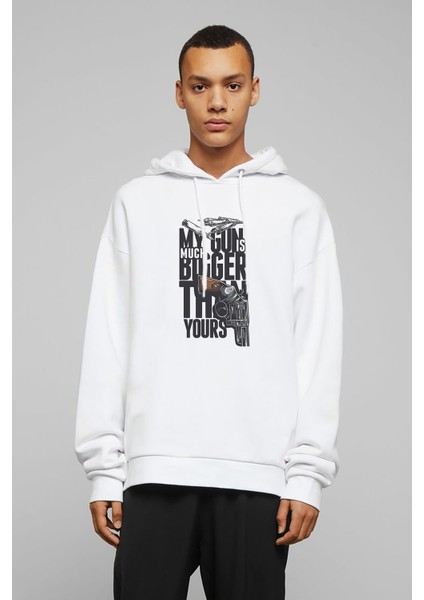 My Gun Is Bigger Baskılı Beyaz Erkek Örme Kapşonlu Sweatshirt Uzun Kol