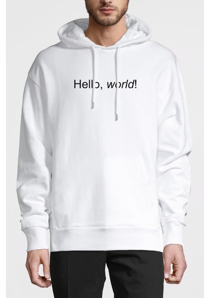 Hello World Baskılı Beyaz Erkek Örme Kapşonlu Sweatshirt Uzun Kol