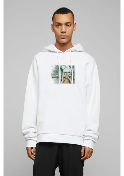 Lady Gaga Alejandro Baskılı Beyaz Erkek Örme Kapşonlu Sweatshirt Uzun Kol
