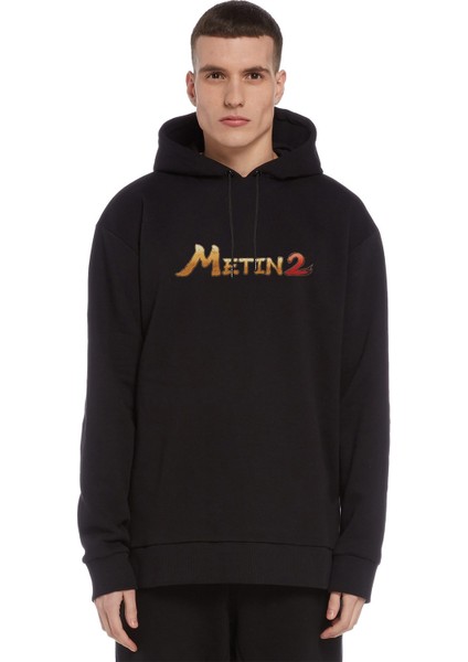 Metin2 Logo Baskılı Siyah Erkek Örme Kapşonlu Sweatshirt Uzun Kol