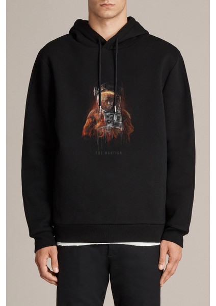 The Martian Baskılı Siyah Erkek Örme Kapşonlu Sweatshirt Uzun Kol