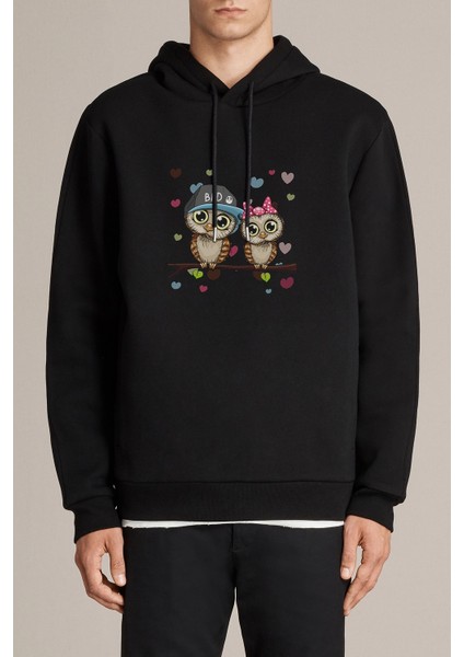 Ağaç Dalı Üzerinde Tünemiş Iki Kahverengi Baskılı Siyah Erkek Örme Kapşonlu Sweatshirt Uzun Kol
