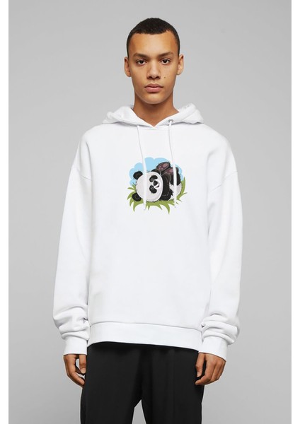 Panda Baskılı Beyaz Erkek Örme Kapşonlu Sweatshirt Uzun Kol