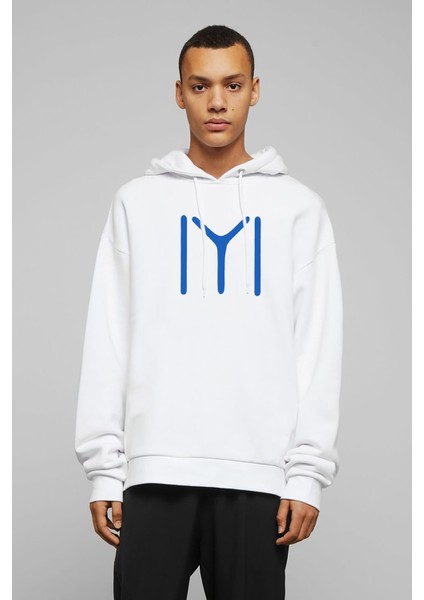 Kayı Boyu Baskılı Beyaz Erkek Örme Kapşonlu Sweatshirt Uzun Kol