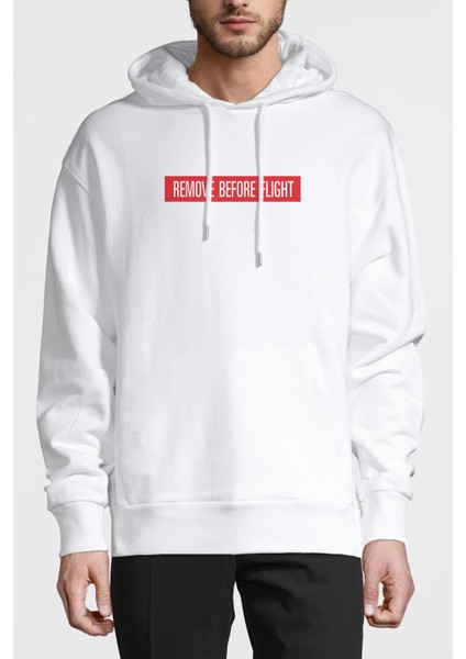 Remove Before The Flight Baskılı Beyaz Erkek Örme Kapşonlu Sweatshirt Uzun Kol