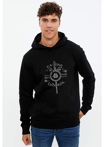 Vikings Ragnar Lodbrok Hugin Baskılı Siyah Erkek Örme Kapşonlu Sweatshirt Uzun Kol