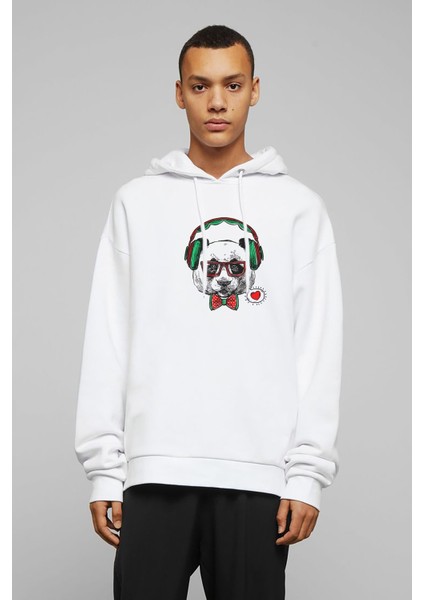 Panda Baskılı Beyaz Erkek Örme Kapşonlu Sweatshirt Uzun Kol