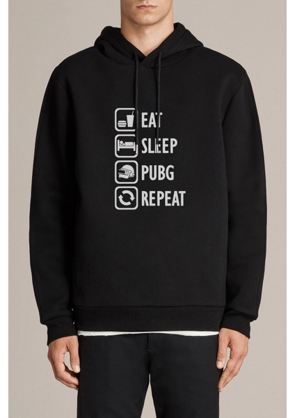 Pubg Eat Sleep Pubg Repeat Baskılı Siyah Erkek Örme Kapşonlu Sweatshirt Uzun Kol