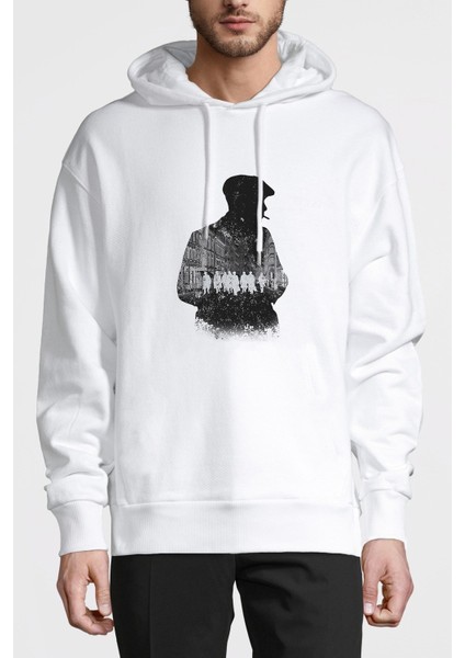 Peaky Blinders Tommy Shelby Gölge Baskılı Beyaz Erkek Örme Kapşonlu Sweatshirt Uzun Kol