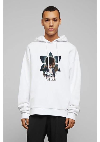 Stranger Things 2 Hawkins Caravan Baskılı Beyaz Erkek Örme Kapşonlu Sweatshirt Uzun Kol