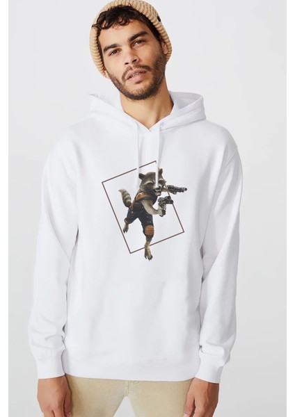 Rakun Rocket Baskılı Beyaz Erkek Örme Kapşonlu Sweatshirt Uzun Kol