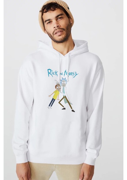 Rick And Morty Eyes Baskılı Beyaz Erkek Örme Kapşonlu Sweatshirt Uzun Kol