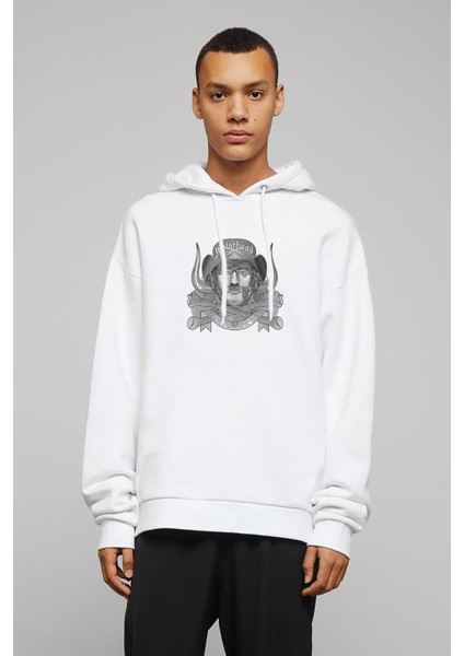 Motorhead March Or Die Baskılı Beyaz Erkek Örme Kapşonlu Sweatshirt Uzun Kol