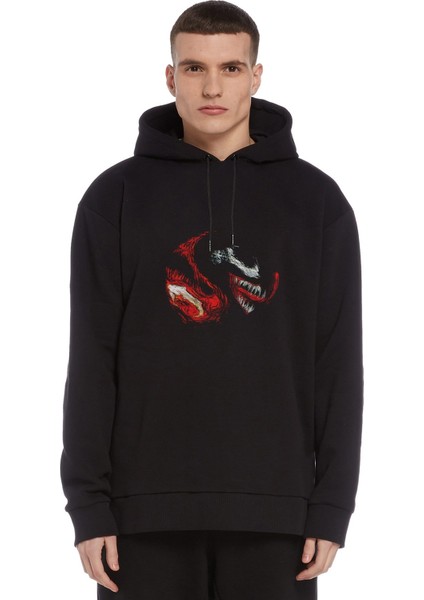 Venom Red Baskılı Siyah Erkek Örme Kapşonlu Sweatshirt Uzun Kol