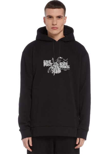 Live Fast Ride Free Baskılı Siyah Erkek Örme Kapşonlu Sweatshirt Uzun Kol