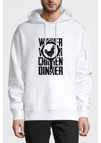 Pubg Pubg Winner Tava Tavuk Baskılı Beyaz Erkek Örme Kapşonlu Sweatshirt Uzun Kol