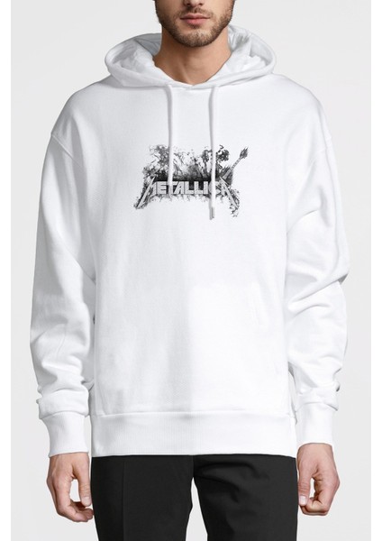 Metallica Baskılı Beyaz Erkek Örme Kapşonlu Sweatshirt Uzun Kol