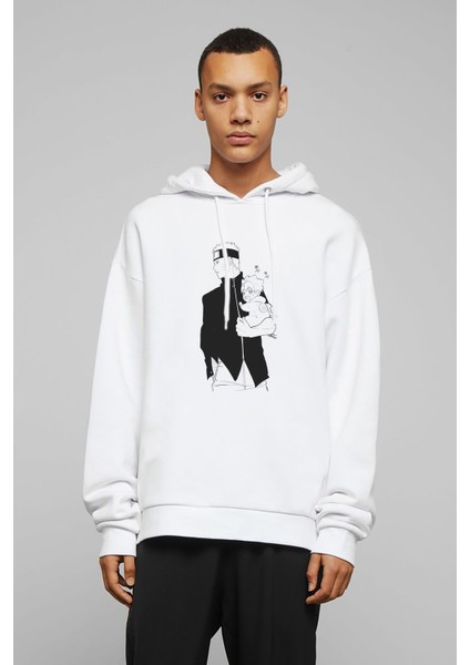 Anime Naruto Baskılı Beyaz Erkek Örme Kapşonlu Sweatshirt Uzun Kol
