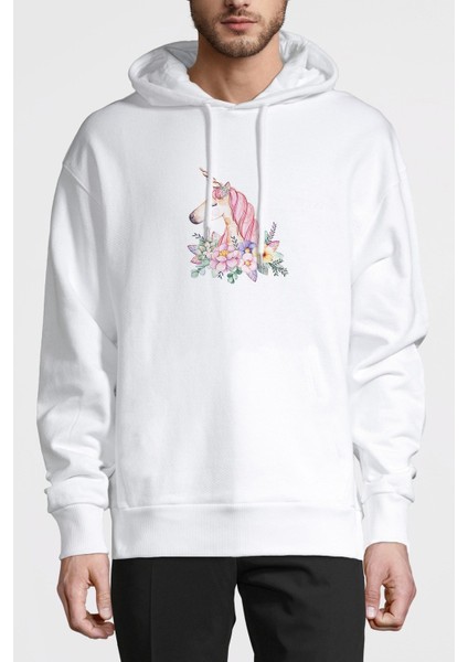 Unicorn Flower Unnamed Baskılı Beyaz Erkek Örme Kapşonlu Sweatshirt Uzun Kol