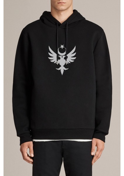 Göktürk Türk Selçuklu Kartalı Baskılı Siyah Erkek Örme Kapşonlu Sweatshirt Uzun Kol