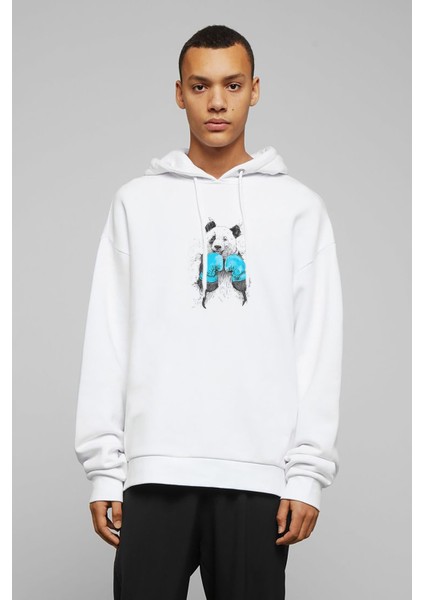 Panda Boxing Sketch Baskılı Beyaz Erkek Örme Kapşonlu Sweatshirt Uzun Kol
