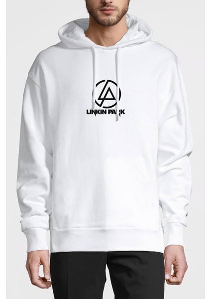 Linkin Park Logo Baskılı Beyaz Erkek Örme Kapşonlu Sweatshirt Uzun Kol