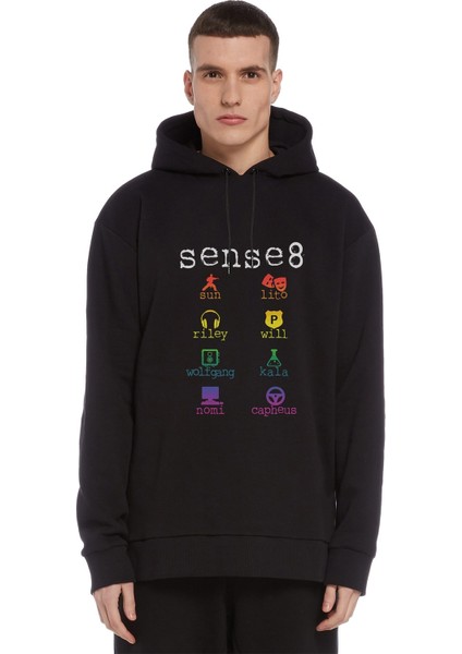 Sense8 Minimalist Symbols & Name Colour Baskılı Siyah Erkek Örme Kapşonlu Sweatshirt Uzun Kol