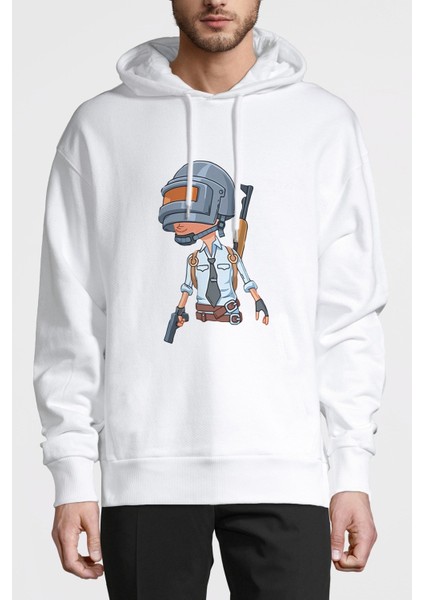 Pubg Pubg Baskılı Beyaz Erkek Örme Kapşonlu Sweatshirt Uzun Kol