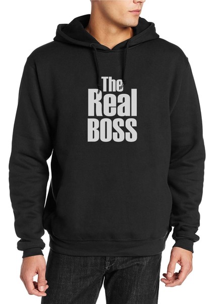 The Real Boss Baskılı Siyah Erkek Örme Kapşonlu Sweatshirt Uzun Kol
