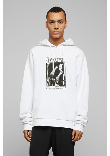 The Doors Live Hollywood Bowl Baskılı Beyaz Erkek Örme Kapşonlu Sweatshirt Uzun Kol