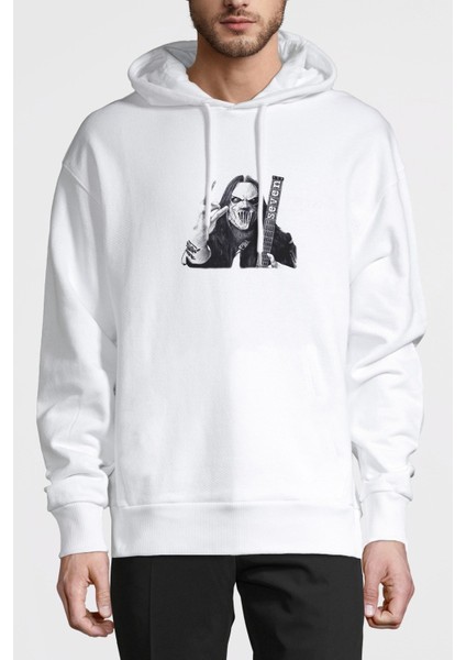Slipknot Mıck Thomson Silüet Metal Rock Baskılı Beyaz Erkek Örme Kapşonlu Sweatshirt Uzun Kol