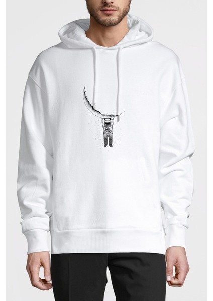 Astronot Aya Asılı Astronot Baskılı Beyaz Erkek Örme Kapşonlu Sweatshirt Uzun Kol