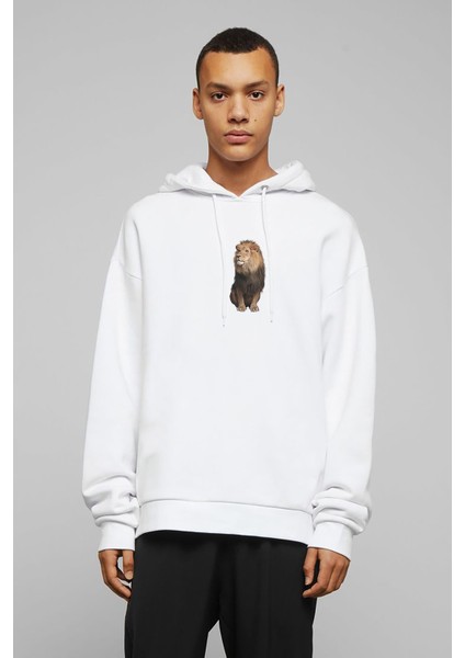 Deniz Aslanı Leopard Jaguar Felidae Aslanlar Baskılı Beyaz Erkek Örme Kapşonlu Sweatshirt Uzun Kol