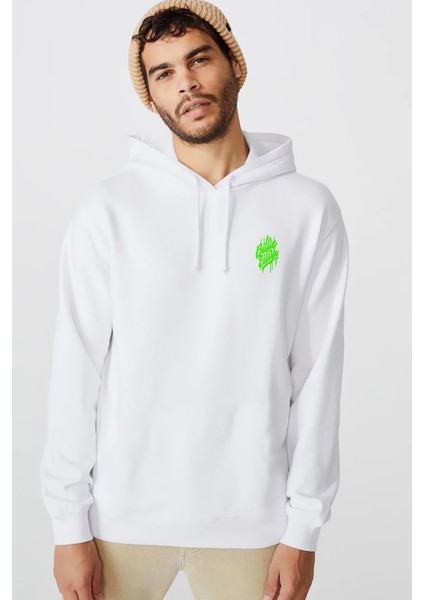 Billie Eilish Logosu Blosh Baskılı Beyaz Erkek Örme Kapşonlu Sweatshirt Uzun Kol