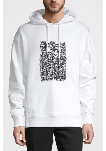 Gamblıng Skulls Baskılı Beyaz Erkek Örme Kapşonlu Sweatshirt Uzun Kol
