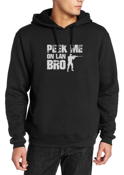 Pubg Peek Me On Lan Bro Baskılı Siyah Erkek Örme Kapşonlu Sweatshirt Uzun Kol