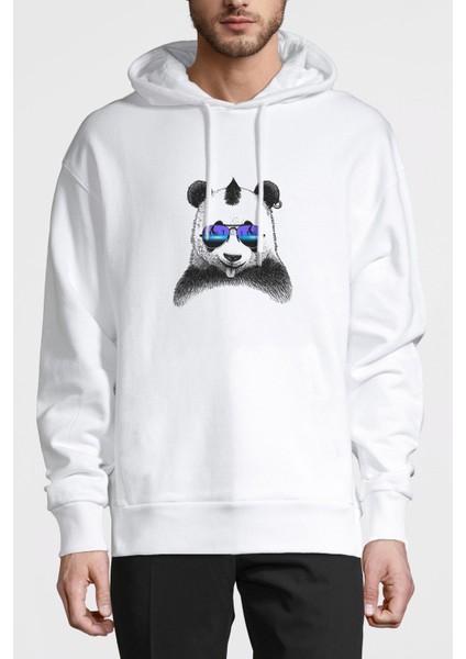 Panda Baskılı Beyaz Erkek Örme Kapşonlu Sweatshirt Uzun Kol