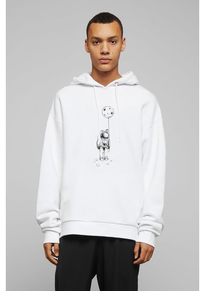 Astronot Balon Ay Baskılı Beyaz Erkek Örme Kapşonlu Sweatshirt Uzun Kol