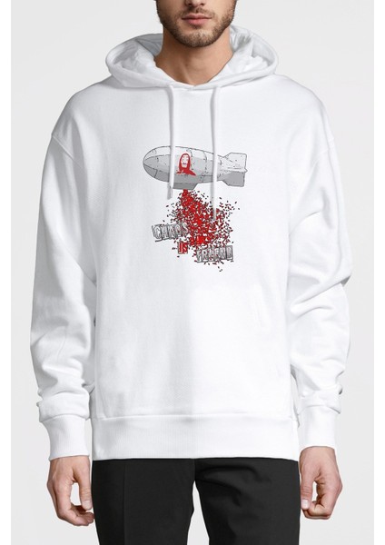 La Casa De Papel Chaos Is Our Friend Baskılı Beyaz Erkek Örme Kapşonlu Sweatshirt Uzun Kol