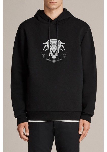 The Witcher School Of The Griffin Baskılı Siyah Erkek Örme Kapşonlu Sweatshirt Uzun Kol