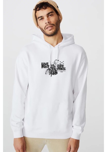 Live Fast Ride Free Baskılı Beyaz Erkek Örme Kapşonlu Sweatshirt Uzun Kol