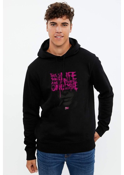 Fight Club Baskılı Siyah Erkek Örme Kapşonlu Sweatshirt Uzun Kol