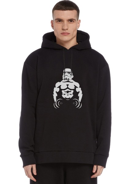 Bodybuilding Star Wars Baskılı Siyah Erkek Örme Kapşonlu Sweatshirt Uzun Kol