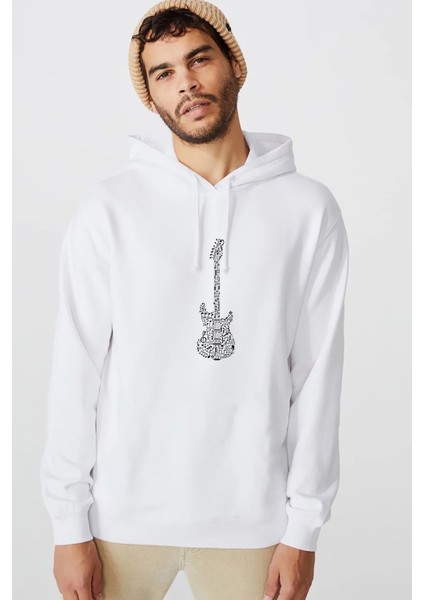 Notalar Gitar Music Baskılı Beyaz Erkek Örme Kapşonlu Sweatshirt Uzun Kol