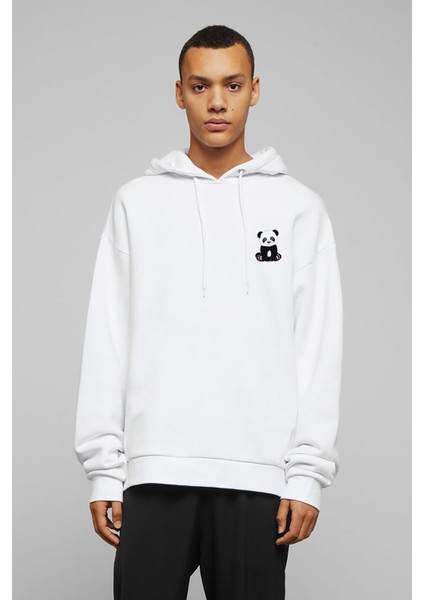 Panda Göğüs Baskılı Beyaz Erkek Örme Kapşonlu Sweatshirt Uzun Kol