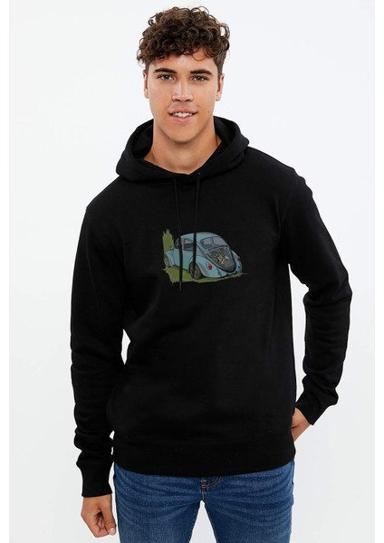 Wv Beetle Tosbaa Baskılı Siyah Erkek Örme Kapşonlu Sweatshirt Uzun Kol