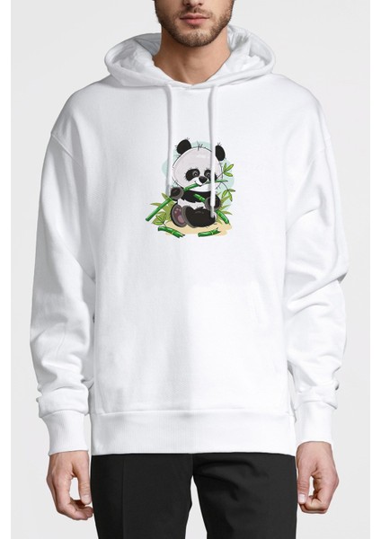 Panda Baskılı Beyaz Erkek Örme Kapşonlu Sweatshirt Uzun Kol