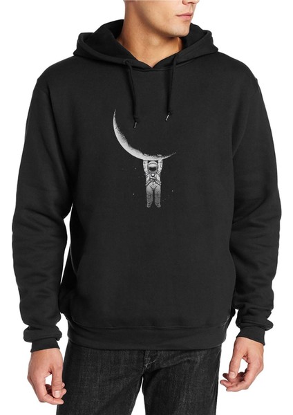 Astronot Aya Asılı Astronot Baskılı Siyah Erkek Örme Kapşonlu Sweatshirt Uzun Kol