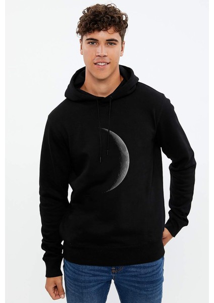 Ay Yansıma Baskılı Siyah Erkek Örme Kapşonlu Sweatshirt Uzun Kol